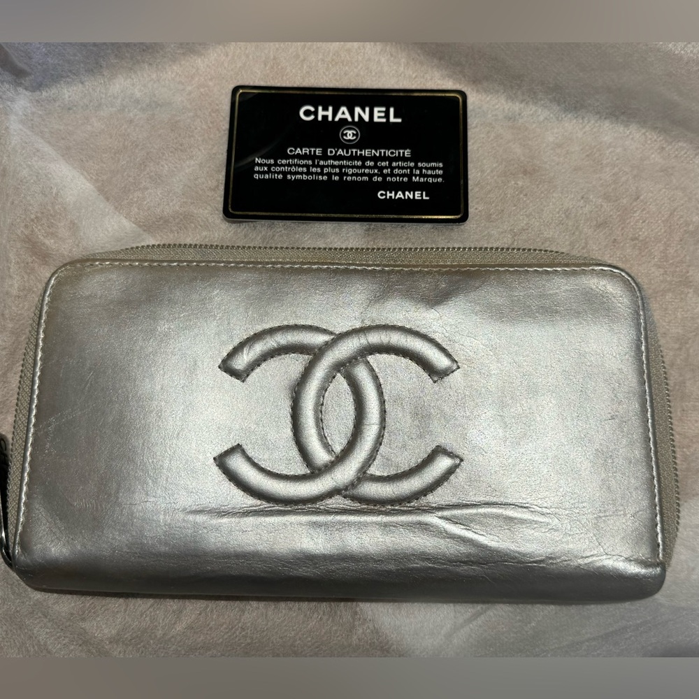 Authentic chanel long silver wallet